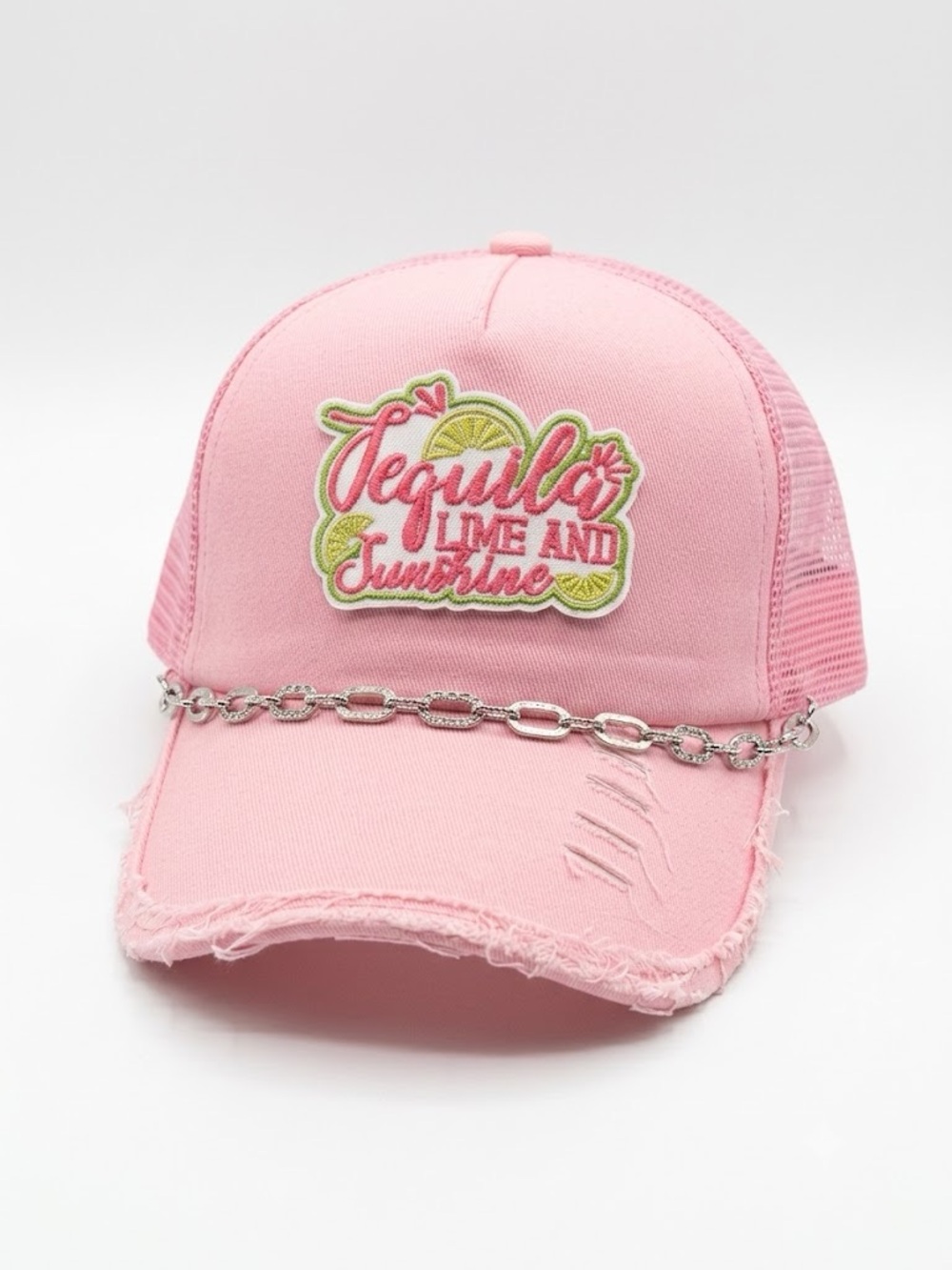 Pink Embroidered 'Tequila Lime and Sunshine' Trucker Cap with Silver Chain
